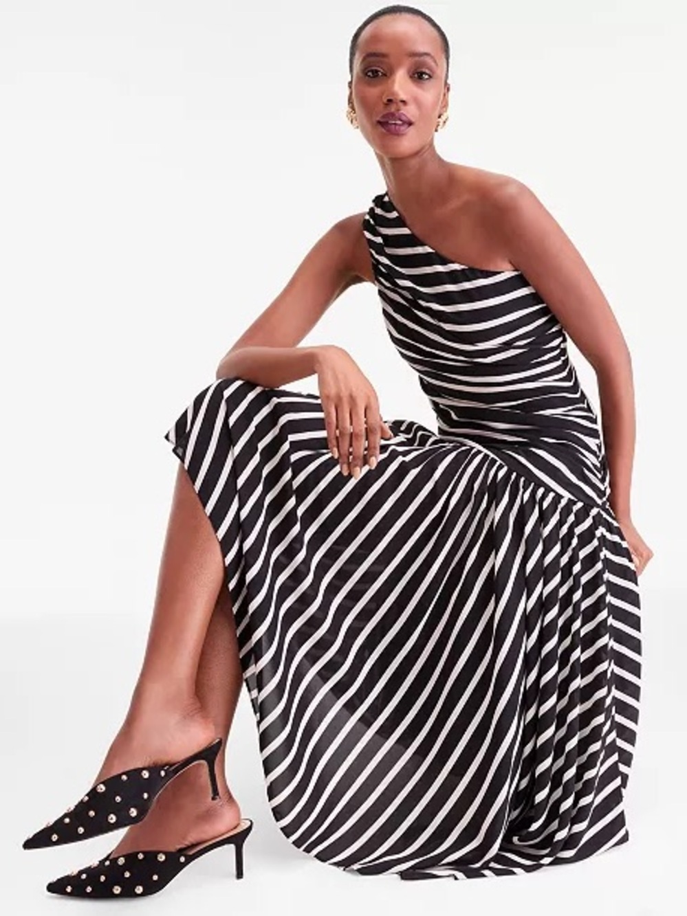 INC International Concepts Black/White OneShoulder Asymmetric Stripe Dress NWT L